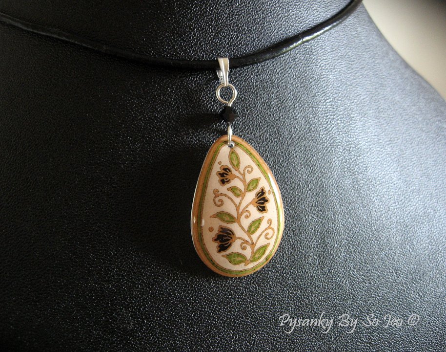 White & Green Spring Vines Teardrop Pendant Pysanky Jewelry by So Jeo